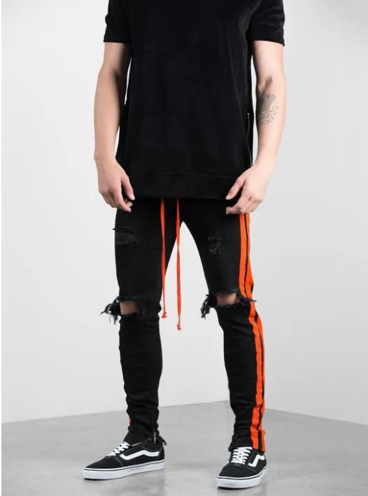 Moda Masculina Pantalones Vaqueros Hombre Kot Pantolon Foot Zipper Ripped Jeans for Men Red Webbing Black Men Jeans Pants Denim