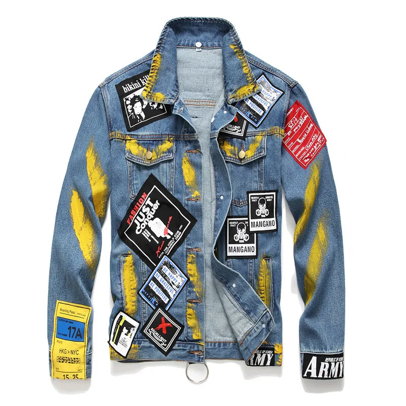 

ABOORUN Men's Brand Denim Jackets Punk Rings Badges Painted Denim Jackets Hip Hop Jeans Coat for Male R871