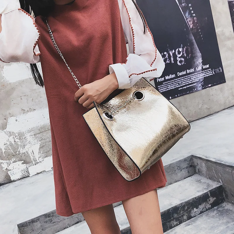  Big Tote Female Bag Burst Crack Chain Shoulder Messenger Bag PU Leather Rivet Large Capacity Mobile - 32950907677