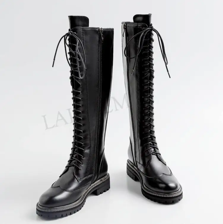 LAIGZEM FASHION Knee High Boots LEATHER Waterproof Side Zip Chunky Heels Riding Boots Wide Calf Shoes Botines Mujer Size 33-41 - Цвет: LGZ580 Black Matte