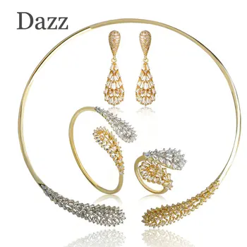

Dazz Unique Water Drop Shape Jewelry Sets For Women Girls Brass Three Color Choker Necklace Dangle Earrings Ring Bracelet Set