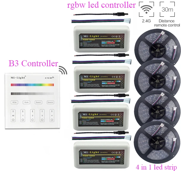 

5~20m 5050 RGBWW RGBW(4Colors In 1Led) Led Strip Light DC12V+Mi.light RGBW Led Controller+2.4G B3 Wall Mount Led Panel Remote