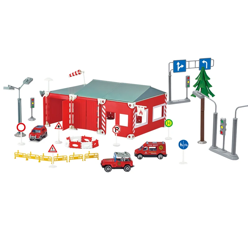 

DIY Fire-Rescue Station Model Set With Three Pull-back Alloy Car ABS Plastic Puzzle Educational Toys Model Building Kits