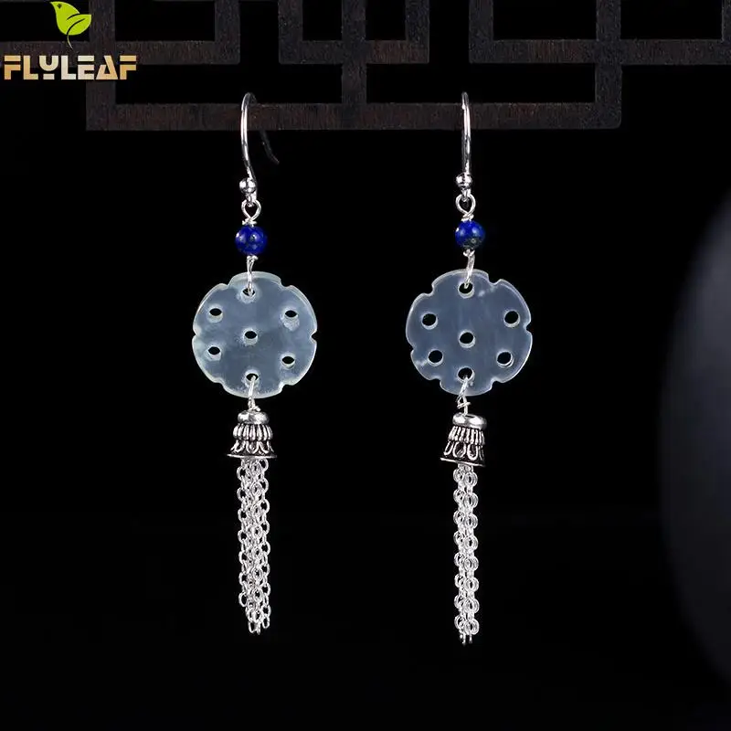 

Flyleaf 925 Sterling Silver 100% Natural Stone Lapis Lazuli Jade Long Drop Earrings For Women Vintage Earings fine Jewelry
