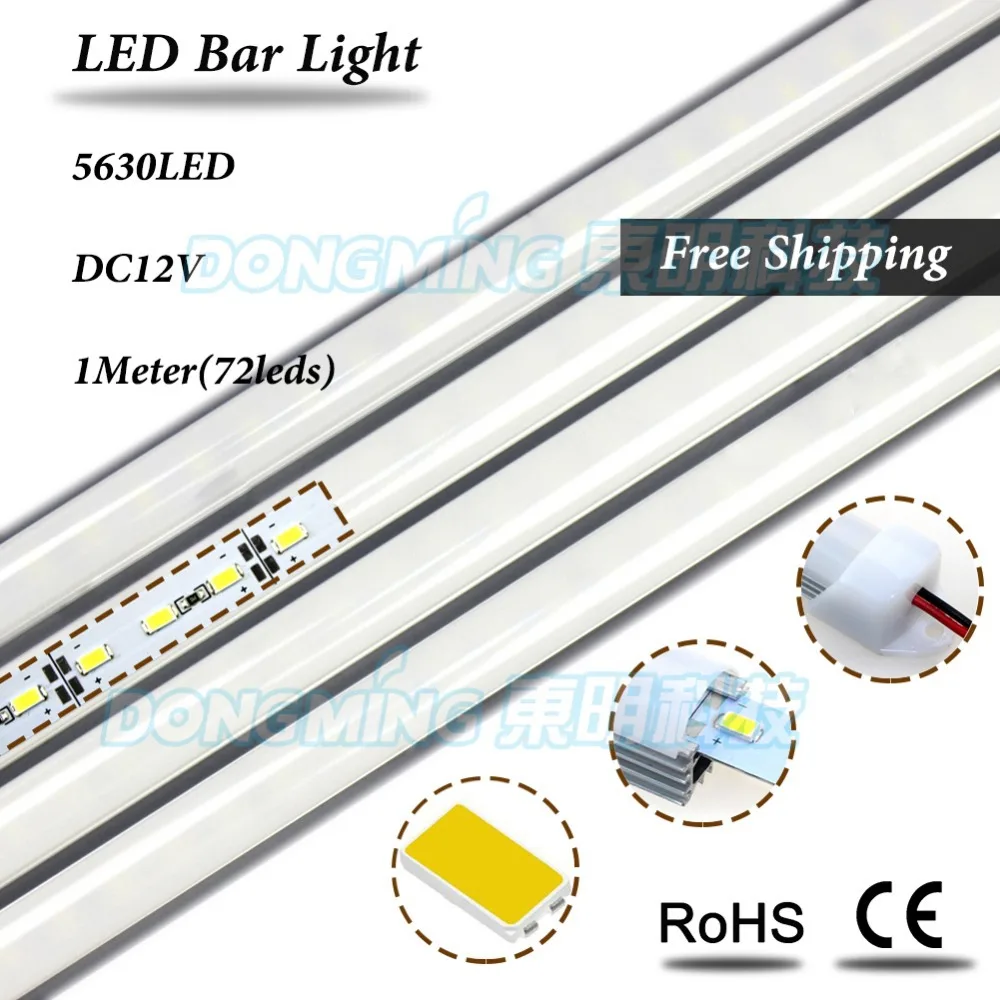 

75pcs 12V 72 led luces strip light 5630 led bar light 1m + U aluminum Profile + PC milky/clear cover + Male/Female DC connectors