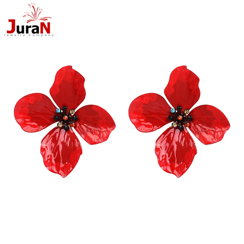 

JURAN 2019 NEW ARRIVAL big Enamel Flower Metal statement earrings Ethnic colorful Crystal Stud earrings Trendy Jewelry for women