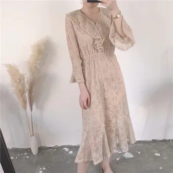 

Beach Dress Real Zanzea 2018 New Woman Lace Dress Long Section V-neck Lotus Leaf Elastic Waist High Temperament Fishtail Female