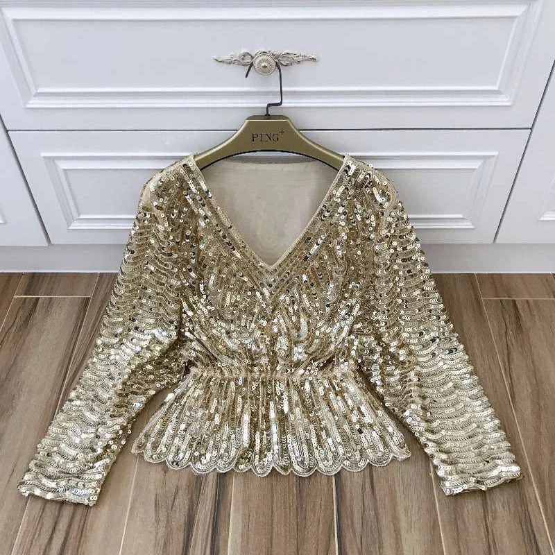 Colors Ruffles Sequined Beading Women Luxury  Fashion V-neck Batwing Sleeve Pullovers Blouse Top 16