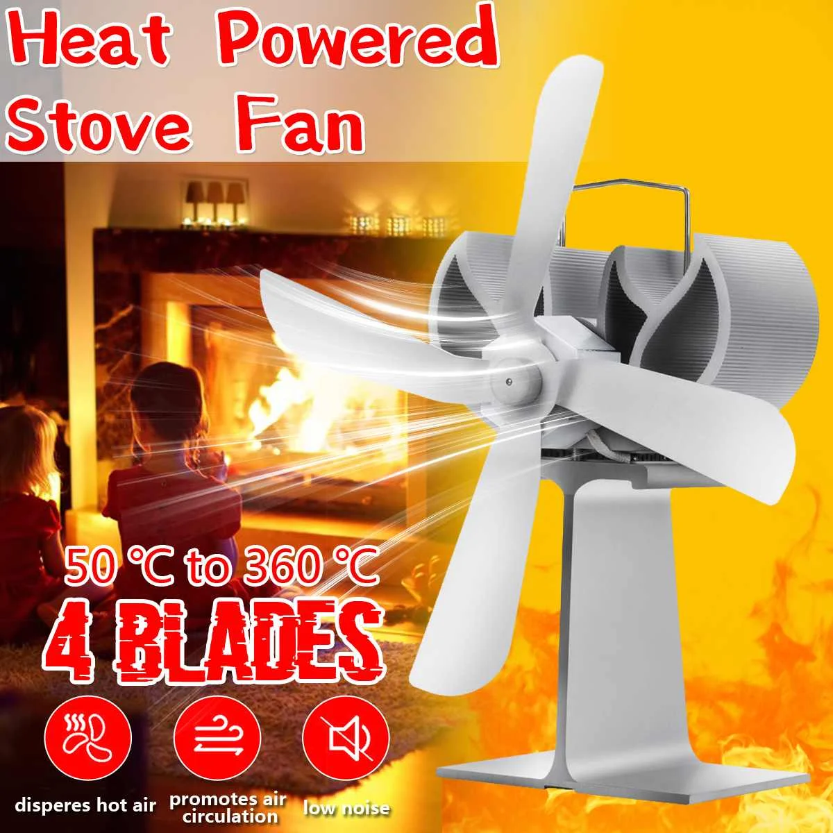 

Stove Fan 4 Blade Fan Heat Powered komin Wood Burner Eco Fan Friendly Quiet Home Efficient Heat Distribution White