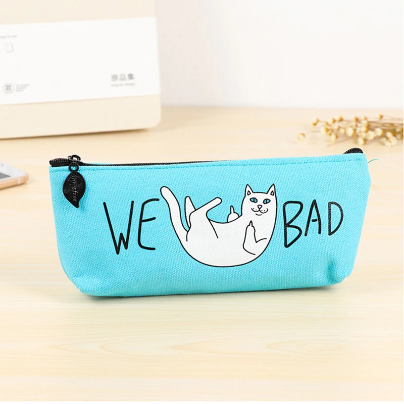 

BECODE Student Canvas Pencil Case Blue Cartoon Blame Cat Stationery bag Boy Girl large capacity Pencilcase kids school supplies