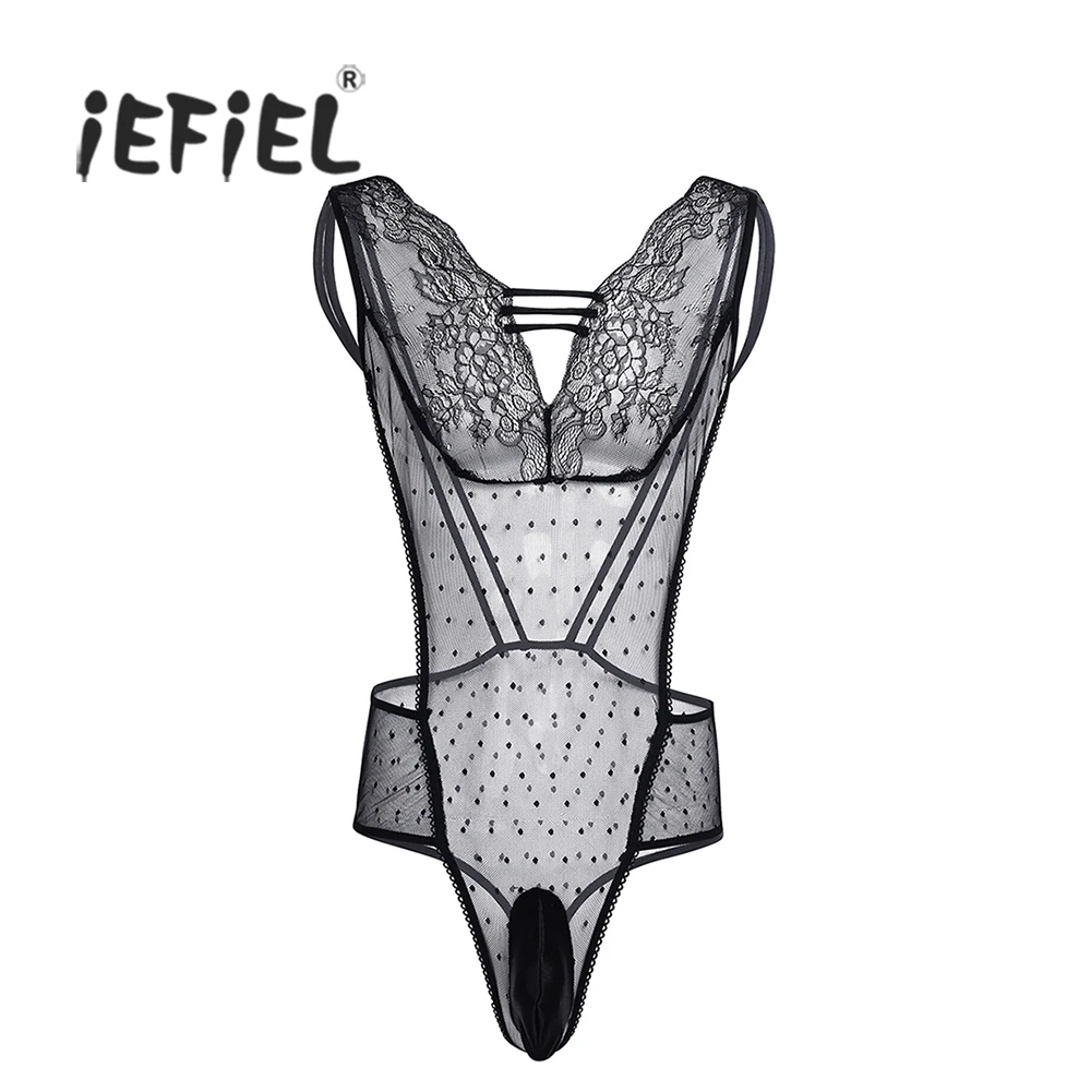 IEFiEL мужское нижнее белье цельное с мешочком Сетчатое прозрачное боди комбинезон