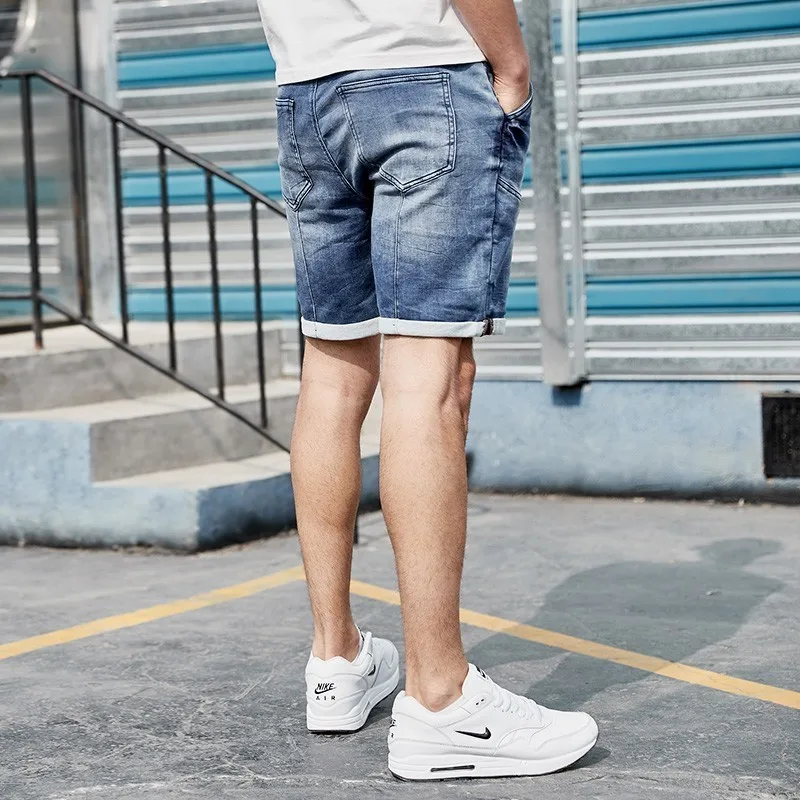 Summer Men Denim Shorts Cotton Elastic Waist Blue Color For Man Fashion Slim Fit Pocket Jeans Male Wear Short Trousers 2926