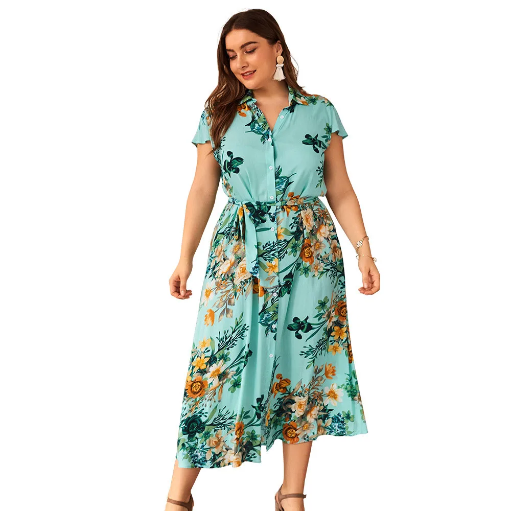 

2019 Women Summer Short Sleeve Floral Print Sashes Long Midi Evening Party Shirt Dress Plus Size XL-4XL