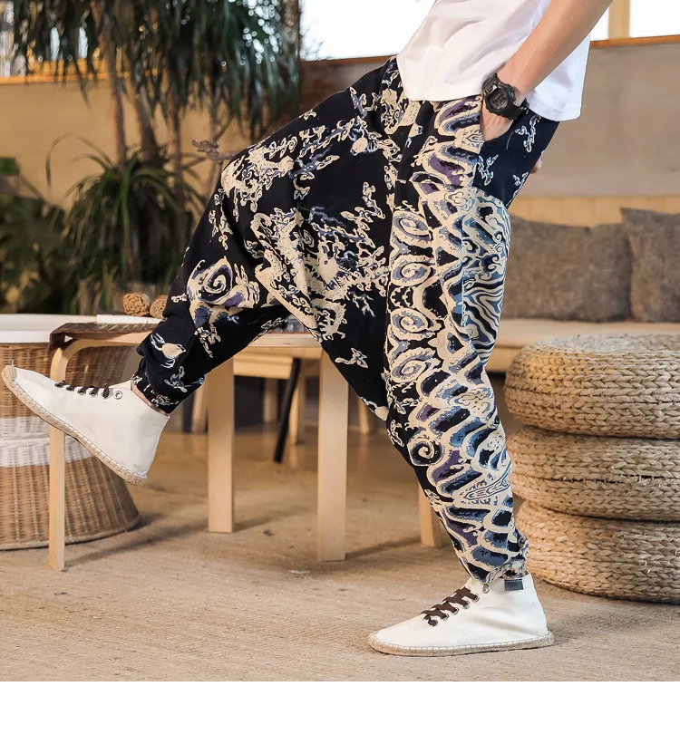 Мужские шаровары с принтом в стиле ретро хип-хоп с заниженным шаговым швом, брюки для бега, мужские Мешковатые Свободные Непальские Стильные повседневные штаны размера плюс, тайские шаровары