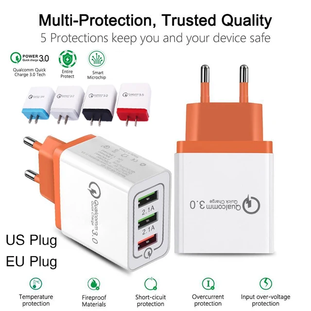 Best Offers 3 Ports Quick Charge QC3.0 Tablet Phone Charger Flash Adapter EU Plug US Plug 2.4A For iPad iPhone Huawei Xiaomi