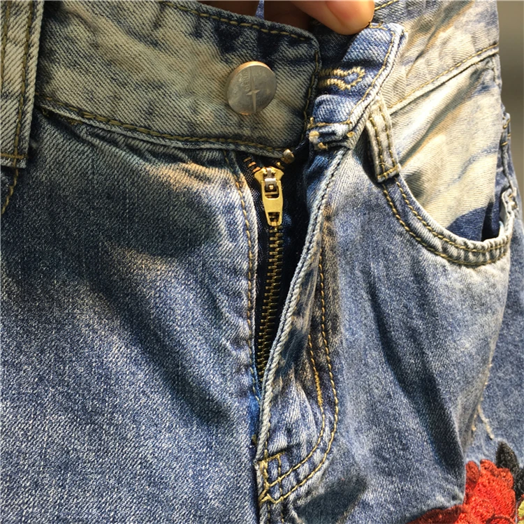 2019 новые летние отверстие вышитые цветок прямые джинсы для женщин Высокая талия ботильоны длина дамские шаровары