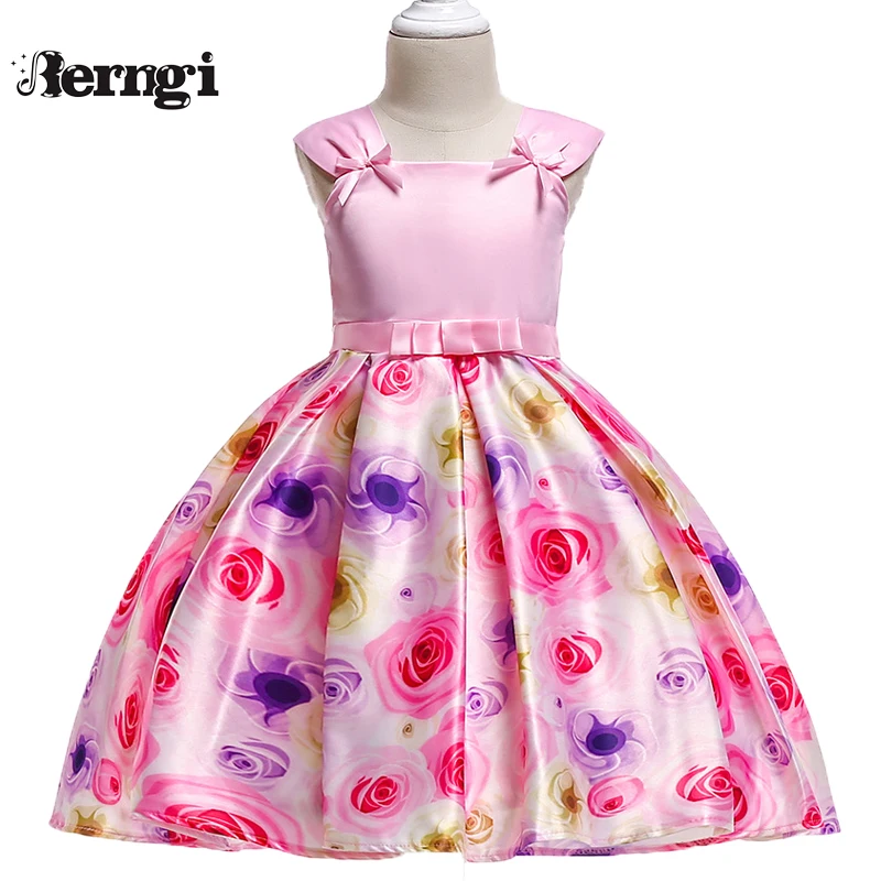 Berngi Kids Girl Sleeveless Dress Pink Color Bow Printed Rose Flower Princess Dress For Wedding Birthday Children's Clothing