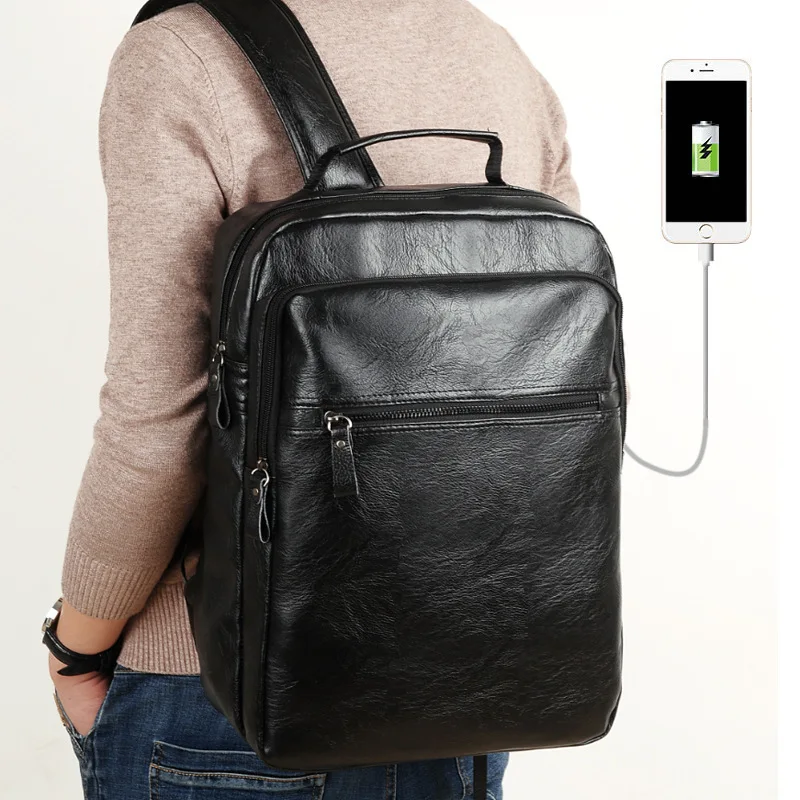 

PU Leather Men backpack bag Brown Male Waterproof School backpack For laptop Casual Soild Black Men's Backpack with Open Pocket