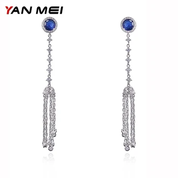 

YAN MEI 2017 Lovely Blue Plant Long Tassel White Gold Color AAA CZ Dangle Earrings Luxury Jewelry for Woman GLE5246Y