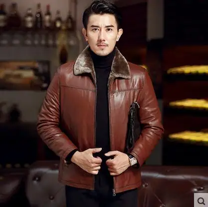 Men’s Casual Genuine Sheepskin Leather Coat Autumn Stand Collar Thin Jacket 