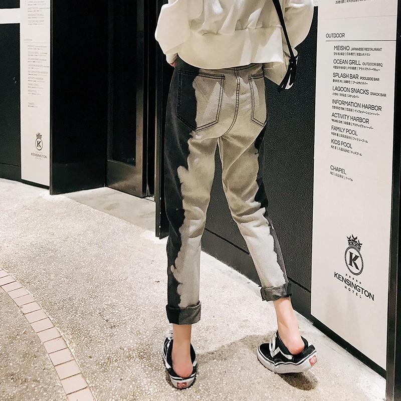 

2019 New Spring Autumn Women Denim Pants Gradient Color Block Straight Uktra Long Trousers Streetwear Students Jeans Personality