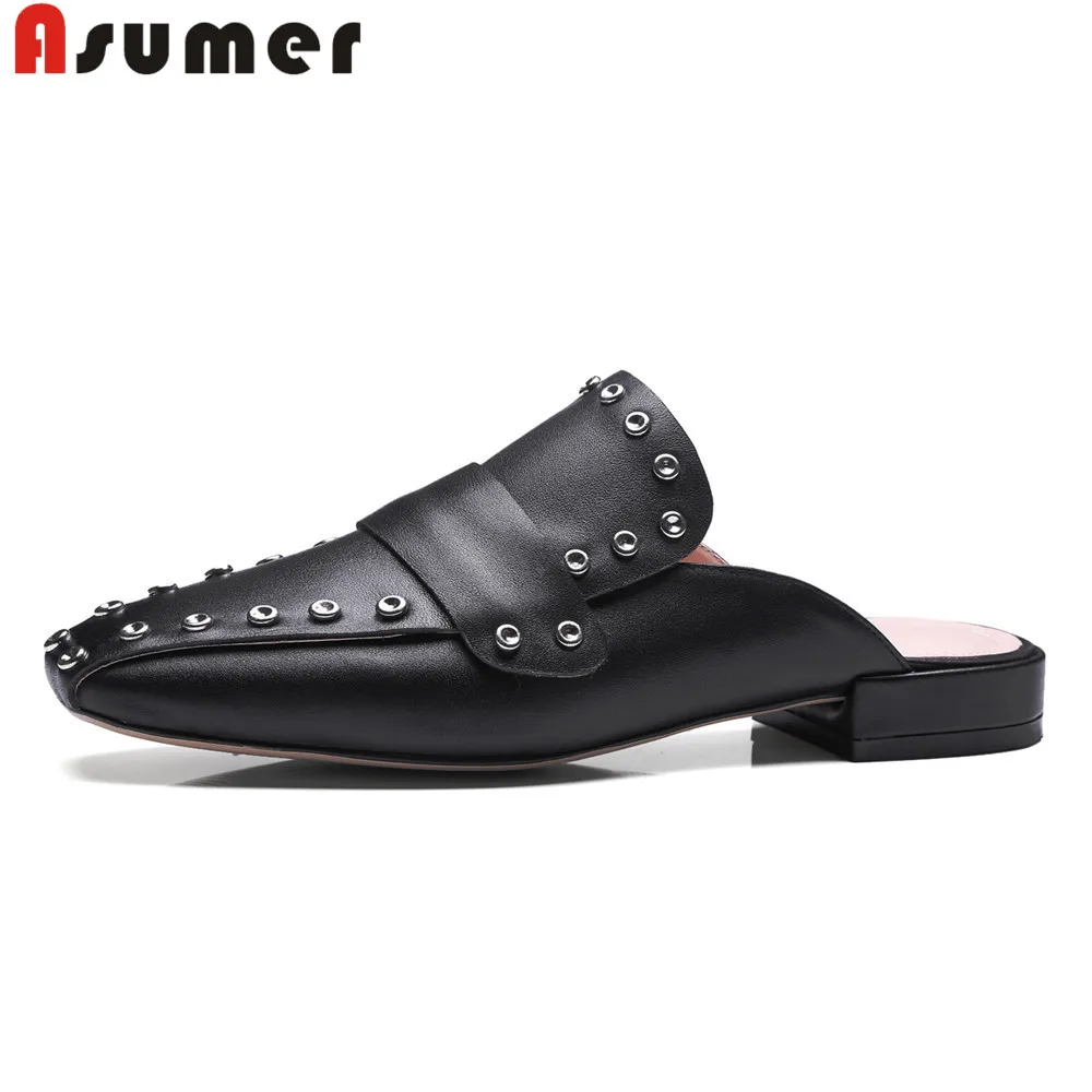 

ASUMER black white fashion summer new shoes woman square toe casual mules shoes rivet sandals women genuine leather shoes