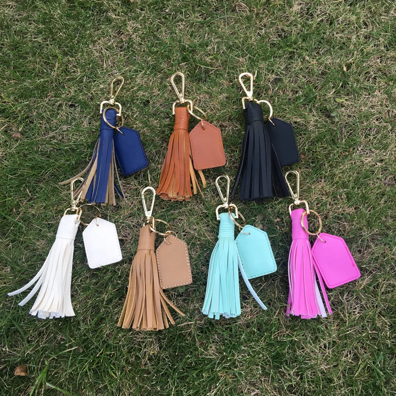 Flat Leather Tassel Key Fob Tie Up Tassle Keychain With Metal Bag Hook