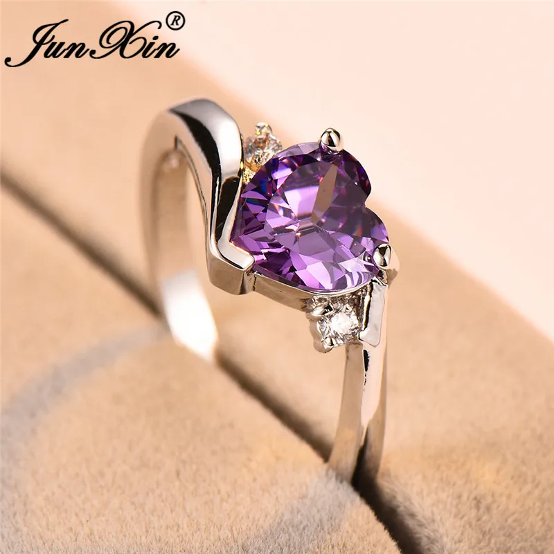 JUNXIN Blue Birthstone Heart Rings For Women White Gold Filled Purple Pink Black Zircon White Fire Opal Engagement Ring Female