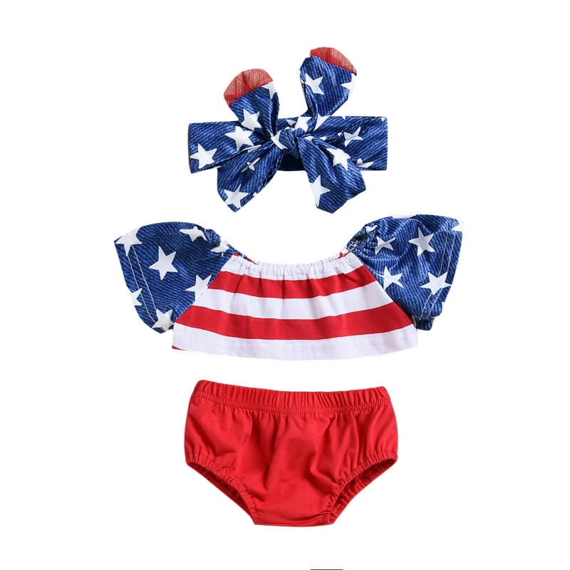 Independence Day Baby Girl Newborn Clothes Five Stars Strips Tops+Shorts With American Flag Striped Hair Band Girls Set | Мать и ребенок