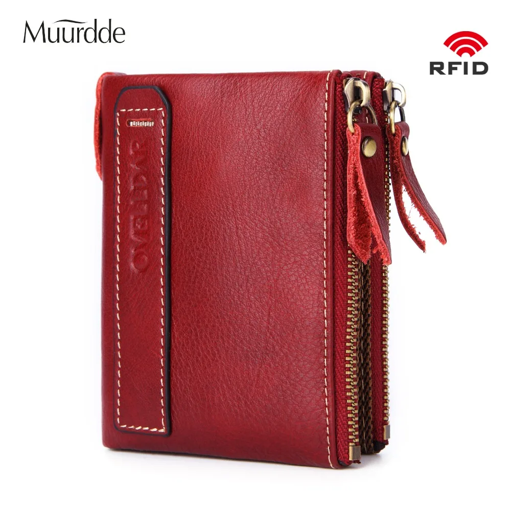 

Muurdde Fashion Vintage Genuine Leather Women Wallets Female Bifold Women's Rfid Wallet Double Zipper Design Coin Purse Pockets