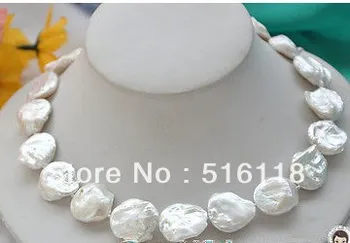 

Free Shipping 17" Lague baroque coin white freshwater cultured PEARL NECKLACE
