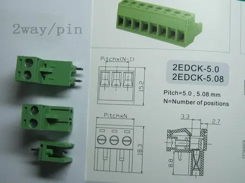 

L Type Green 2way/pin 5.08mm Screw Terminal Block Connector 100 pcs per Lot