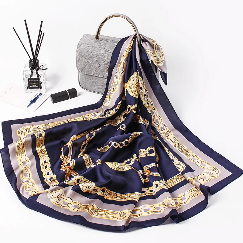 

Silk Square Scarf Women Luxury Spain Gharry Chain Print Scarves&Wraps Brand Hijab Foulard Bandana Big Neckerchief FJ086