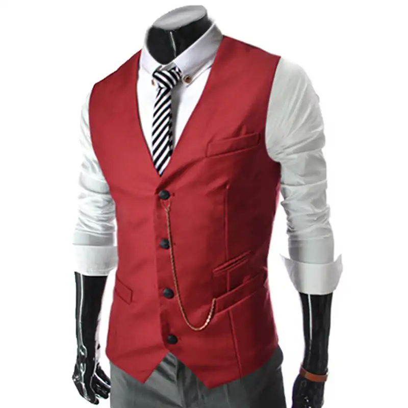 2015 Hot New Business Men's Suit Vest Metal Chain V necke Slim Fit