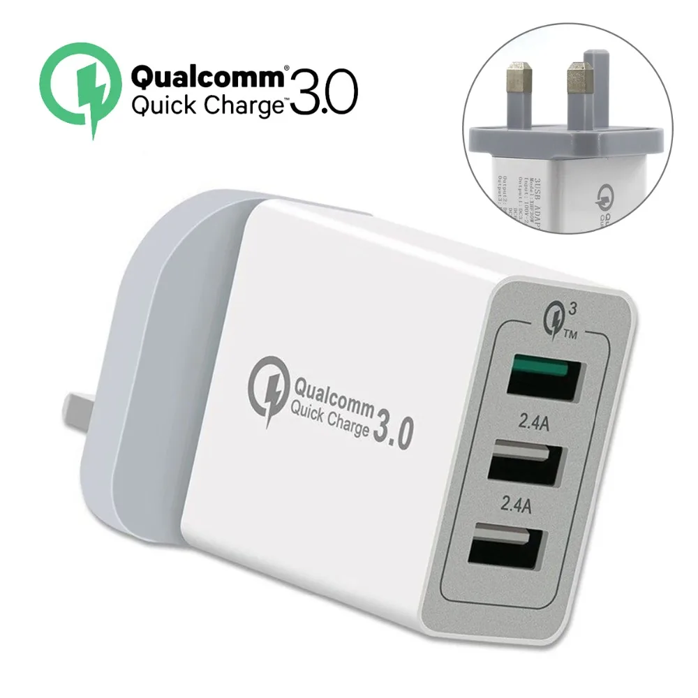 

SOONHUA 3 Ports USB Phone Charger QC 3.0 Quick Travel Charging Adapter 30W UK Plug Wall Charger For iPhone X 8 Samsung S9 S8