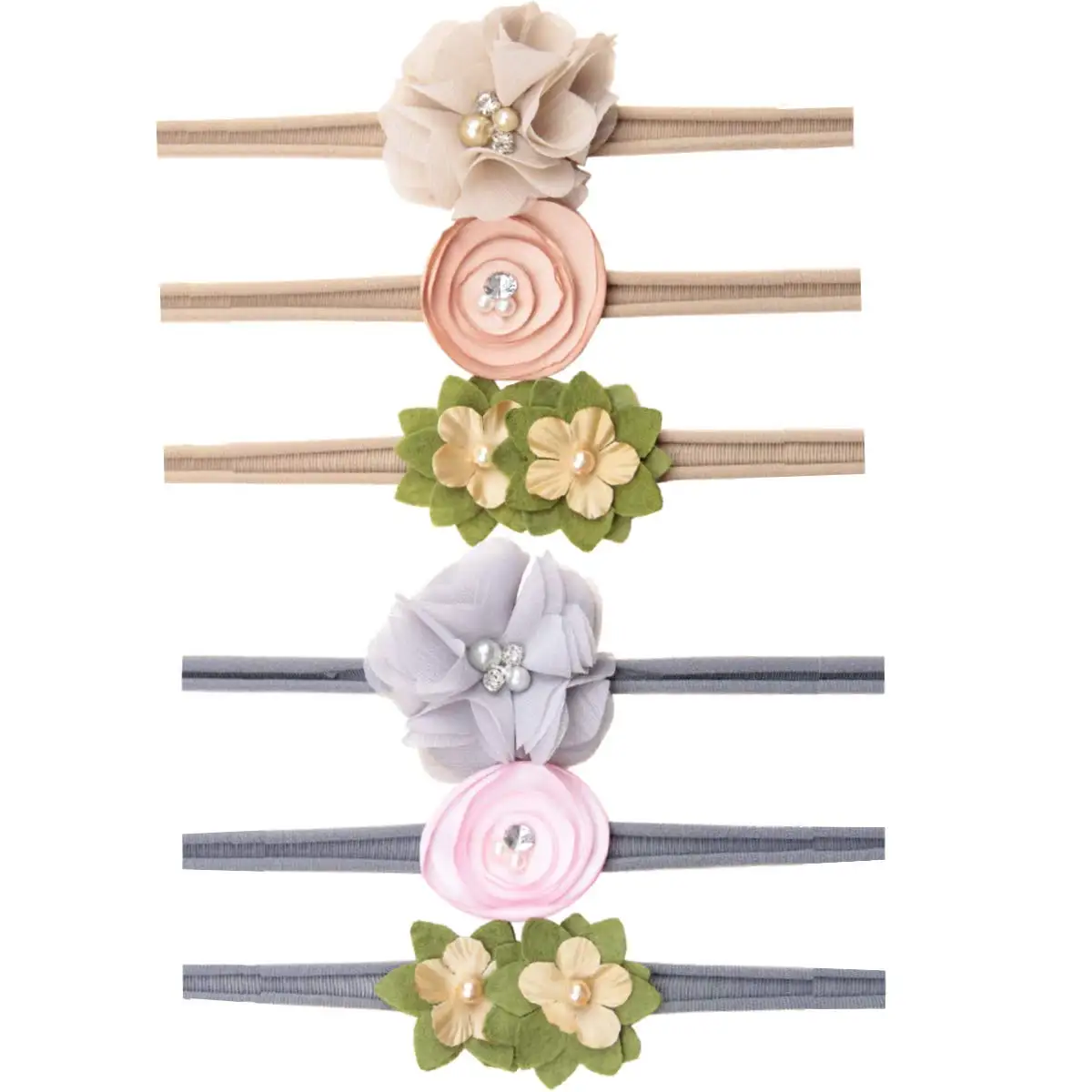 

Nishine 3pcs/lot Baby Nylon Headbands Boutique Nylon Bows Hairbands with Hand Sewing Beads Flower for Newborns Infants