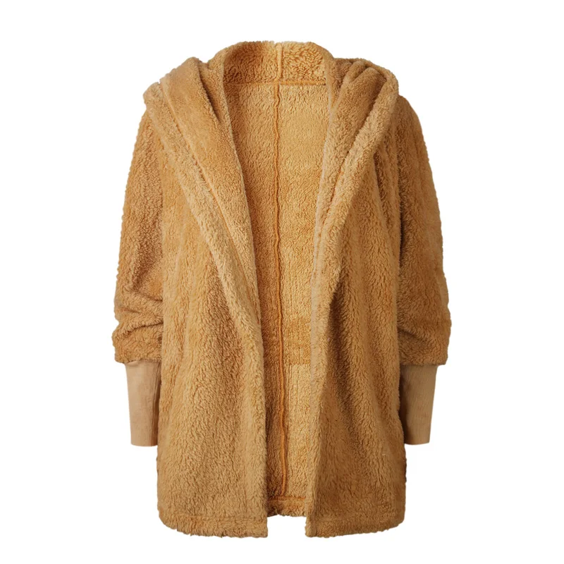 LOSSKY Autumn Witner Women Faux Lambswool Jacket Coat Black Warm Female Loose Open Stitch Overcoat Long Sleeve New Fuzzy Outwear
