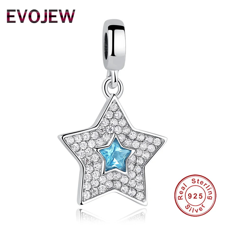 EVOJEW 925 пробы серебро синий кристалл звезда Висячие подвески-талисманы Fit Подвески