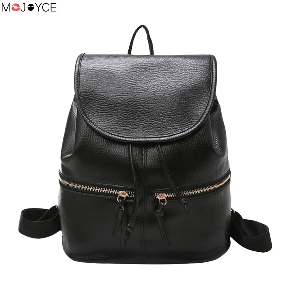 Women PU Drawstring Backpack Zipper Girls School Bags Travel Rucksack