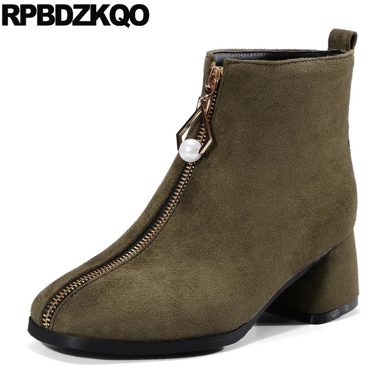 

Pearl Green Thick Women Ankle Boots Medium Heel Square Toe Shoes Winter Chunky Fur Booties Autumn Suede Fall British Female