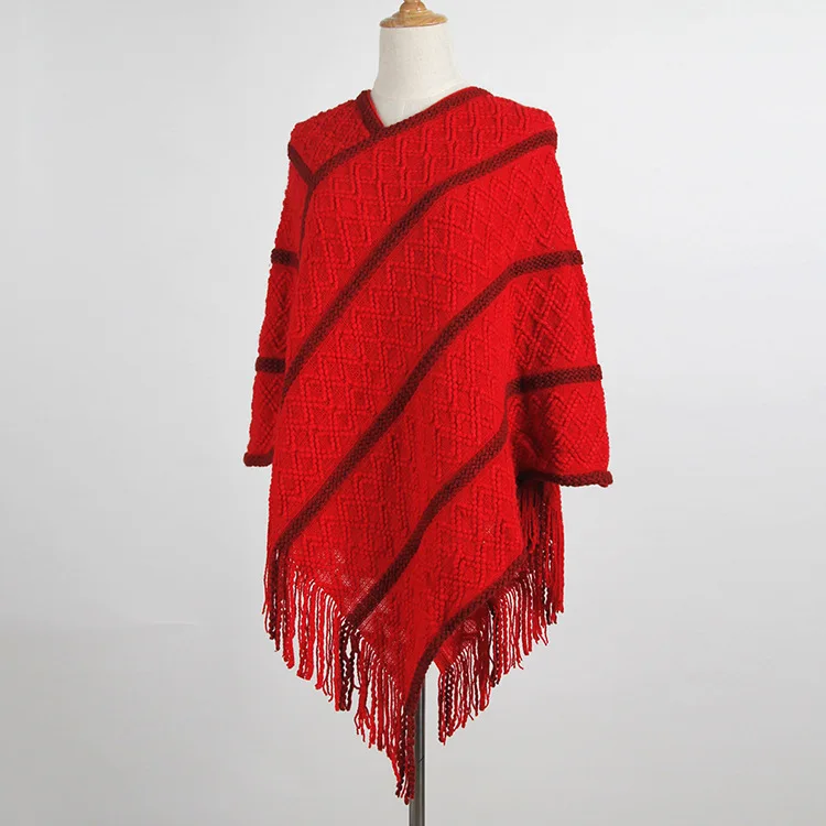 Плащ шаль свитер женский вязаный женский Нерегулярные полосы V воротник Европейская и американская торговля пуловеры Vestidos MMY69141 - Цвет: Красный