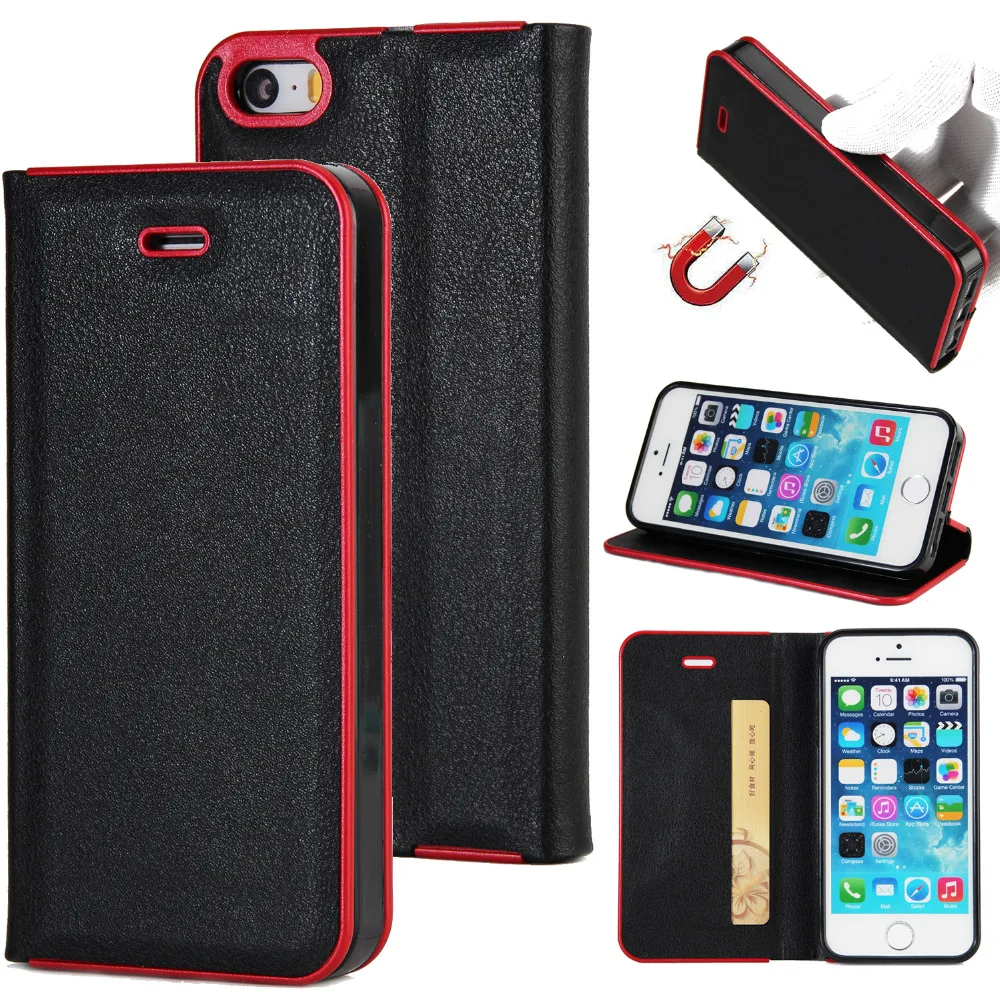 5 5S Luxury Flip PU Leather Case For iPhone On 5 5S SE PC Rubber Plate