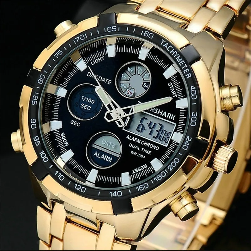 

New Brand Men's Military Sports Watches Dual Time Quartz Analog Digital Watch LED Watches Full Steel Watches 8819