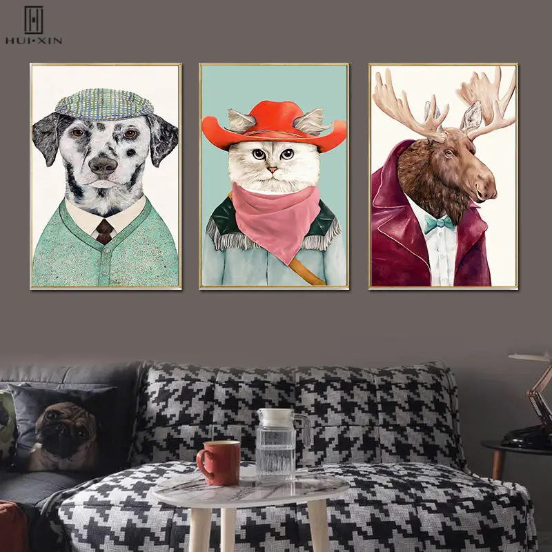 

Coolest Gifts Cat Dog Deer Dressed Like Humanbeing Hat Mustache For Kids Birthday Decorative Canvas Paintings For Their Room