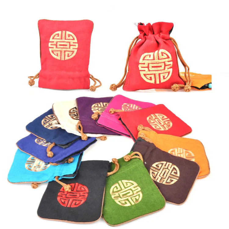 Eco Reusable Small Drawstring Cloth Bag Wedding Party Favor Chinese style Embroidered Lucky