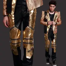 Этап личности мужская кожаная Штаны штаны-шаровары Штаны для мужчин средства ухода за кожей стоп брюки для пения, танцев рок уличной моды Новинка золото мульти-застежка-молния