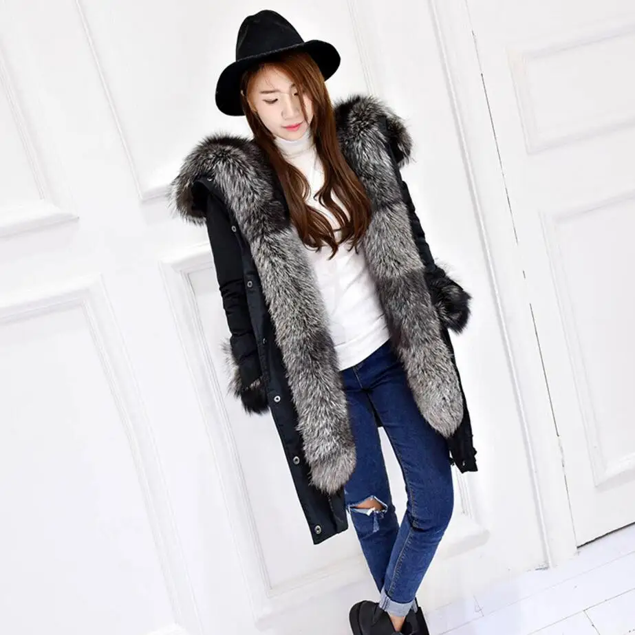Pour Col D'hiver Veste Manteau Neige De Fourrure Blanc Moyen Canard Argent Femmes Survêtement Long Nouveau Noir 2019 Luxueux Duvet Renard Parkas PSFXxqTFd