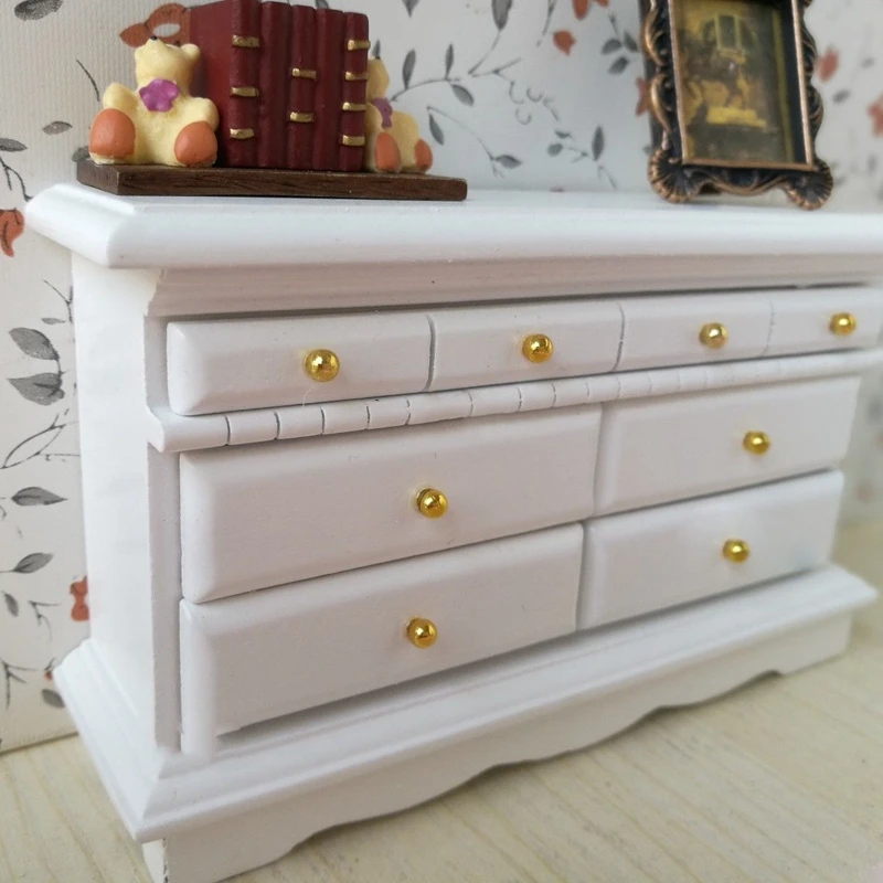  Dollhouse Bedroom Furniture Set 6 PCS Bed Rocking Chair Dressing Mirror Cabinet Model Toy Doll Hous