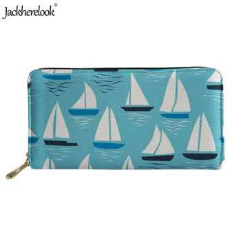 

Jackherelook Fashion Women Men Long PU Leather Wallets Sailboat Ocean Printed Blue Zipper Purse Credit Card/Cash Storage Bags