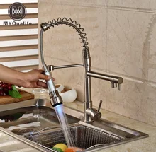 Deck Mounted LED Spring Kitchen Faucet Single Handle Sink Mixer Swivel Spout Tap Brushed Nickel